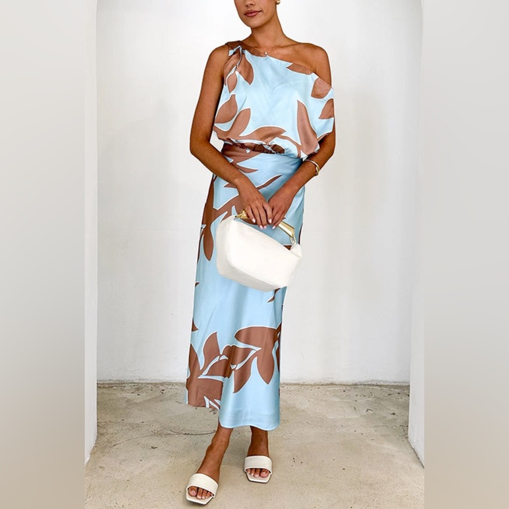 Elegant One-Shoulder Blue and Brown Dress